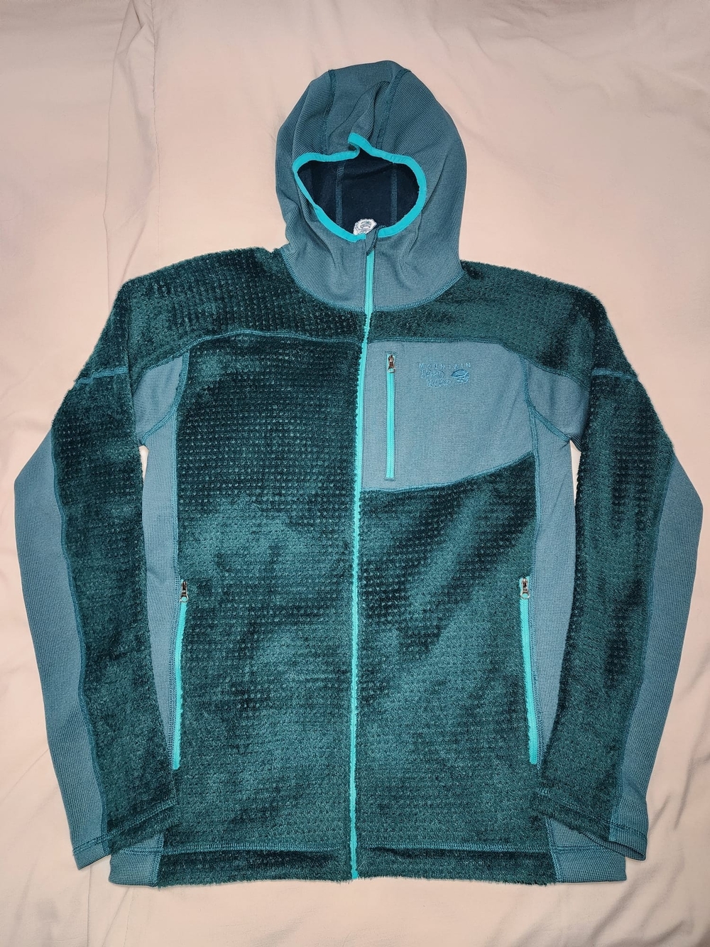 Mountain Hardwear Teal Green Hooded Fleece with Aqua Zipper Accents